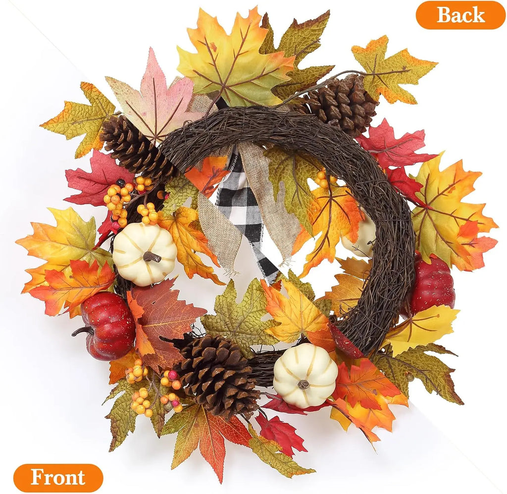 Garvee 20Inch Halloween Pumpkins Fall Wreath Artificial Flower Wreath for Front Door Outside Fall Decorations for Home Large Autumn Wreath with Bow Pumpkin Thanksgiving
