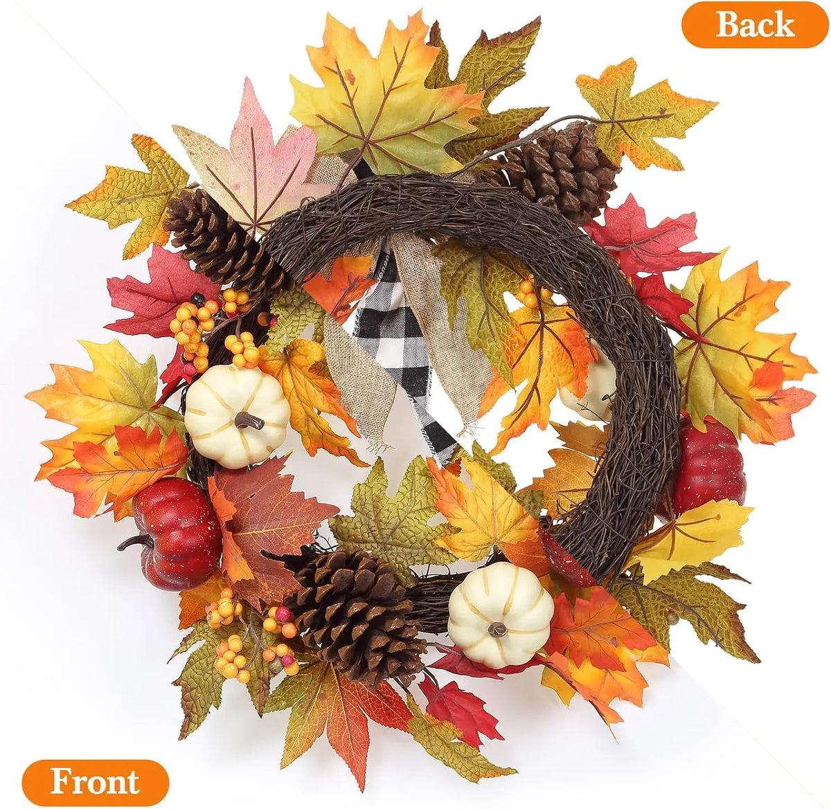 Garvee 20Inch Halloween Pumpkins Fall Wreath Artificial Flower Wreath for Front Door Outside Fall Decorations for Home Large Autumn Wreath with Bow Pumpkin Thanksgiving