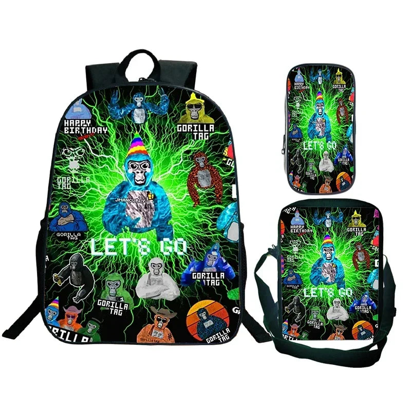 Gorilla Tag Backpack 3pc Set | Boys Cartoon School Bag with Shoulder Bag & Pencil Case
