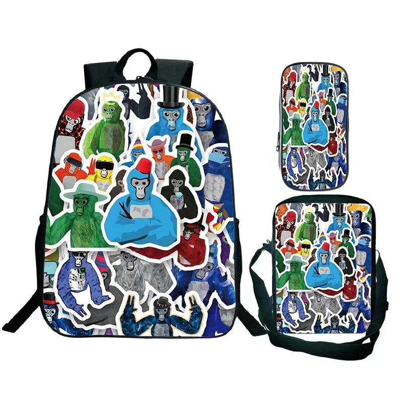 Gorilla Tag Backpack 3pc Set | Boys Cartoon School Bag with Shoulder Bag & Pencil Case