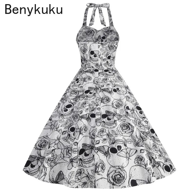 Halloween Costumes for Women Skull Print Halter Dress Sleeveless Tunic Vintage Party Dresses Goth Clothes Masquerade Vestidos