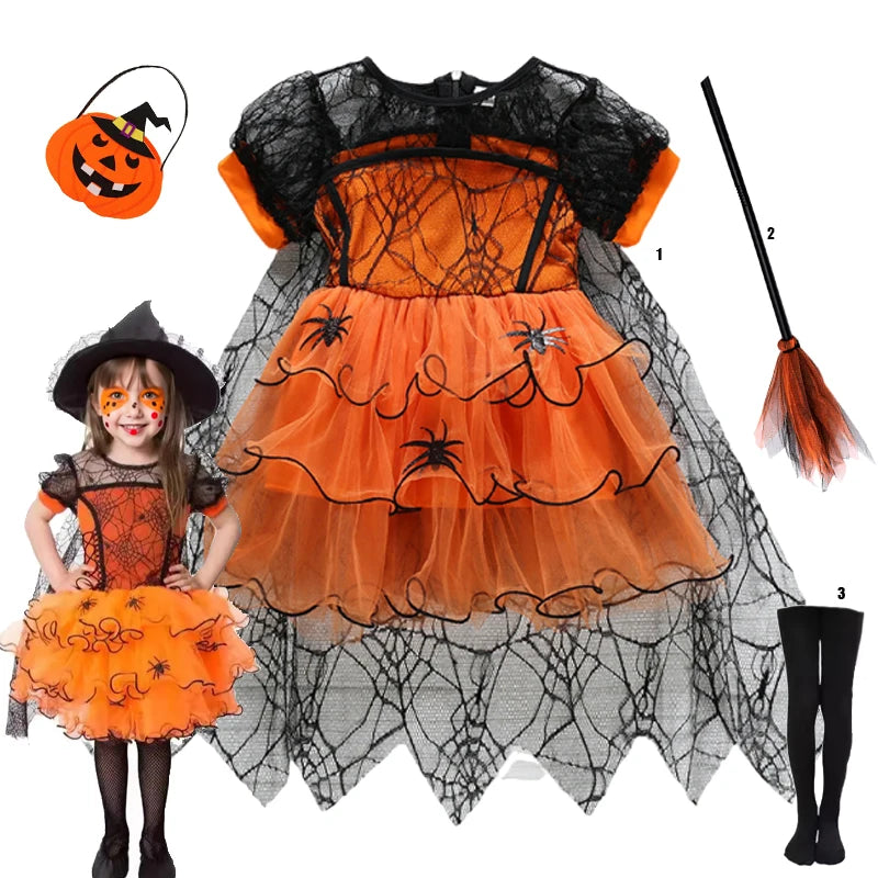 2-7Y Halloween Witch Cosplay Party Dress Cute Spider Mesh Cape Clothes Halloween Costumes for Baby Carnival Party Gifts