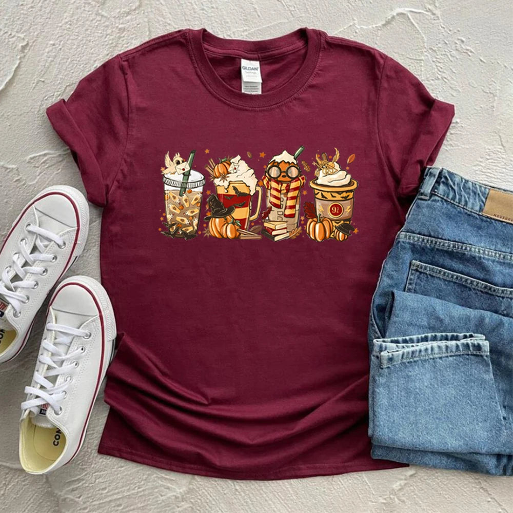 Halloween Horror Coffee T-shirt HP Wizard Fall Shirt Pumpkin Spice Magic 9 3/4 Always Women Graphic Tees Coffee Lover Clothes