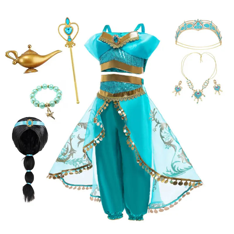 Halloween Arabian Style Princess Costume Kids Jasmine Cosplay Girls Magic Lamp Story Role Play Performance Apparel Dress Set