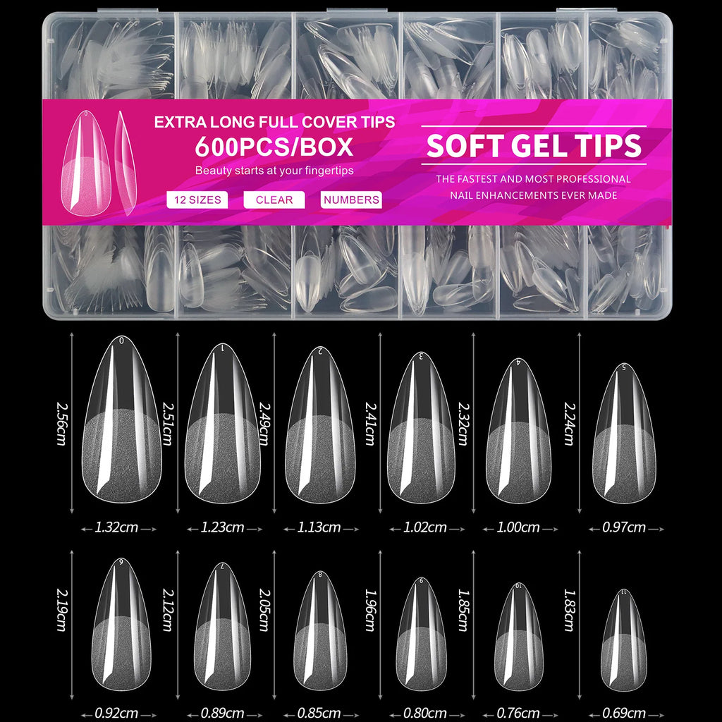 Clear Almond Press-On Nail Tips — Short Soft Gel Full Cover Set