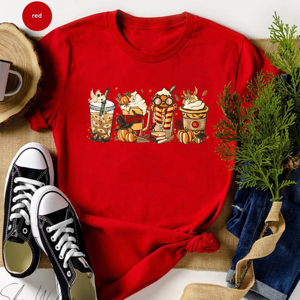 Halloween Horror Coffee T-shirt HP Wizard Fall Shirt Pumpkin Spice Magic 9 3/4 Always Women Graphic Tees Coffee Lover Clothes