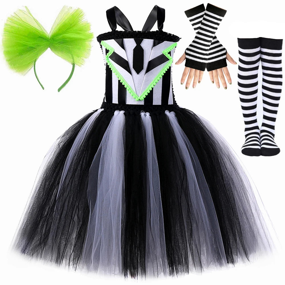 Girls Beetle Costume Black White Striped Tulle Princess Tutu Dress Toddler Baby Kids Halloween Carnival Party Ghost Dress Up Set