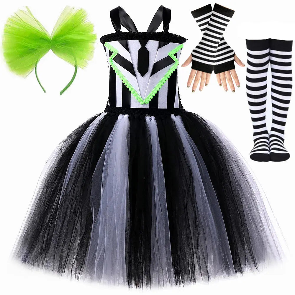 Girls Beetle Costume Black White Striped Tulle Princess Tutu Dress Toddler Baby Kids Halloween Carnival Party Ghost Dress Up Set