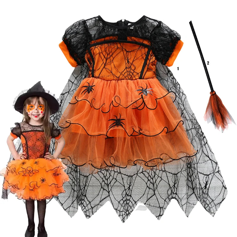 2-7Y Halloween Witch Cosplay Party Dress Cute Spider Mesh Cape Clothes Halloween Costumes for Baby Carnival Party Gifts