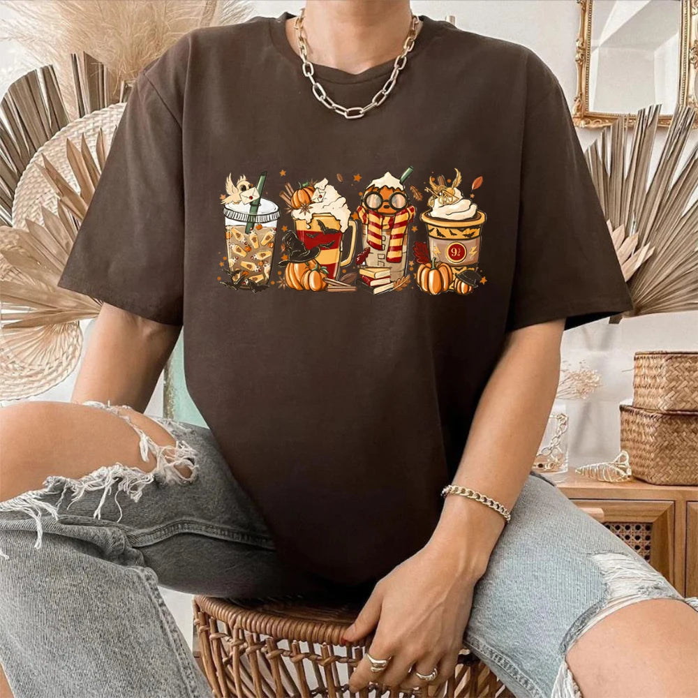 Halloween Horror Coffee T-shirt HP Wizard Fall Shirt Pumpkin Spice Magic 9 3/4 Always Women Graphic Tees Coffee Lover Clothes