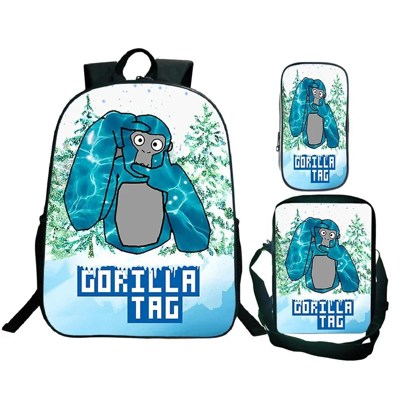 Gorilla Tag Backpack 3pc Set | Boys Cartoon School Bag with Shoulder Bag & Pencil Case