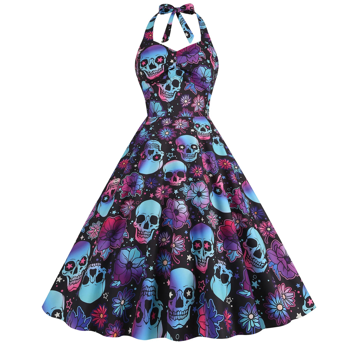 Halloween Costumes for Women Skull Print Halter Dress Sleeveless Tunic Vintage Party Dresses Goth Clothes Masquerade Vestidos