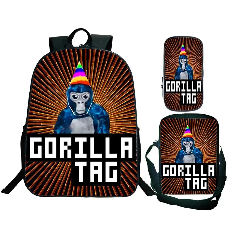 Gorilla Tag Backpack 3pc Set | Boys Cartoon School Bag with Shoulder Bag & Pencil Case