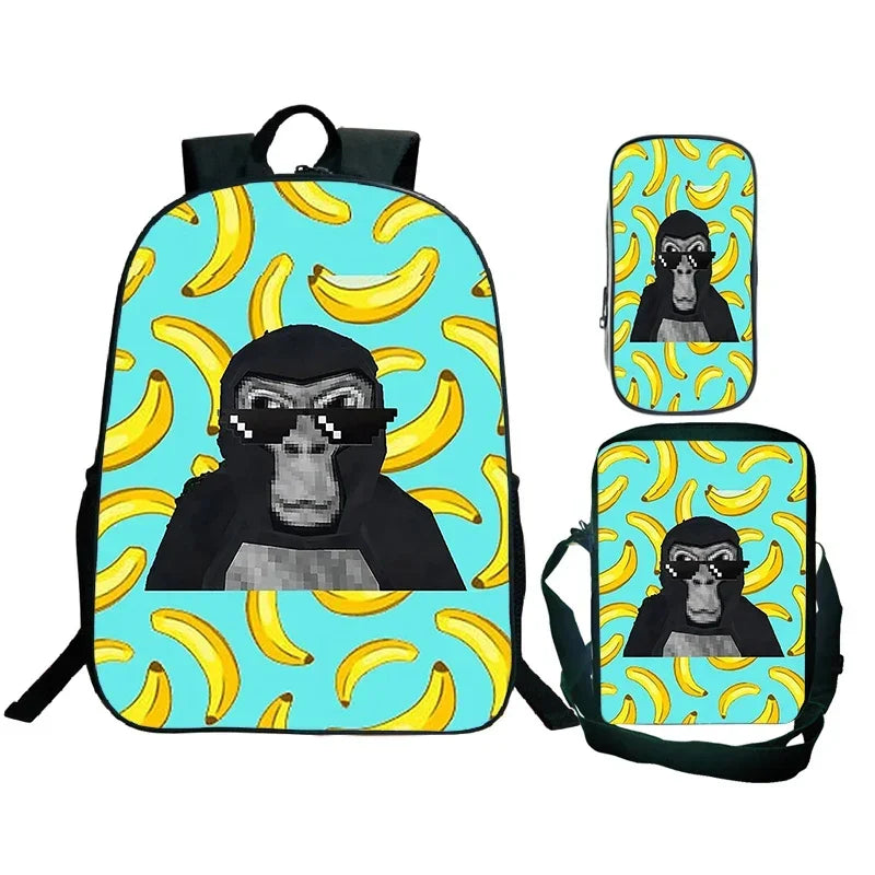 Gorilla Tag Backpack 3pc Set | Boys Cartoon School Bag with Shoulder Bag & Pencil Case