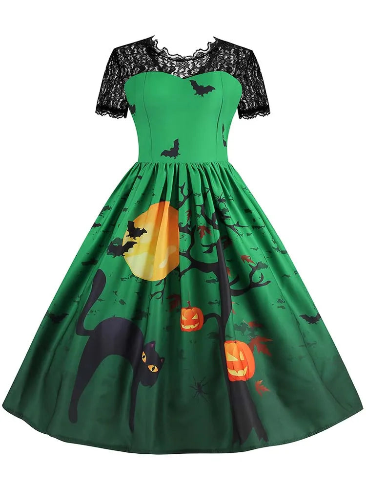 Women's Vintage Lace Halloween Dress Short Sleeve Elegant Evening Prom Costume 50s 60s Party Vintage Style