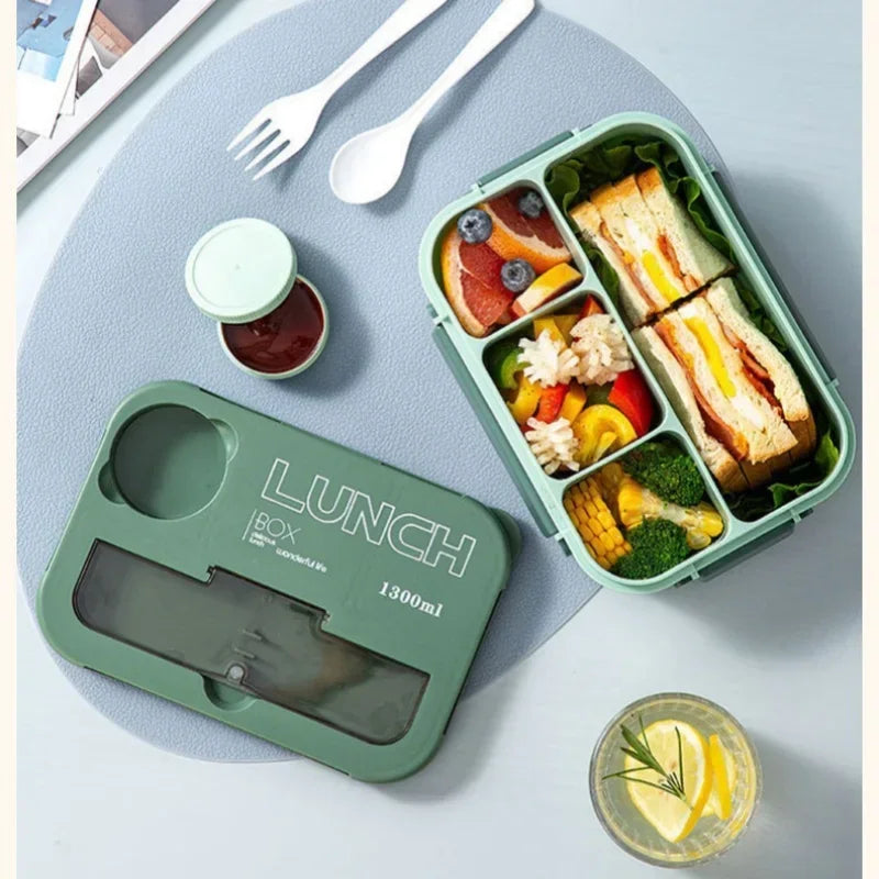 1300ML Bento Lunch Box with Fork & Spoon | Leak-Proof 4-Compartment