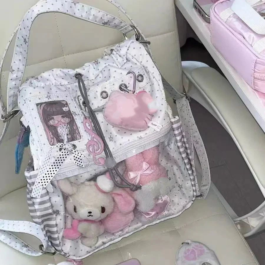 Girls Sweet and Cute Polka Dot Backpack Ita Bag New Large Capacity Single Shoulder Bag Dolls Bag Drawstring Commuter Backpack