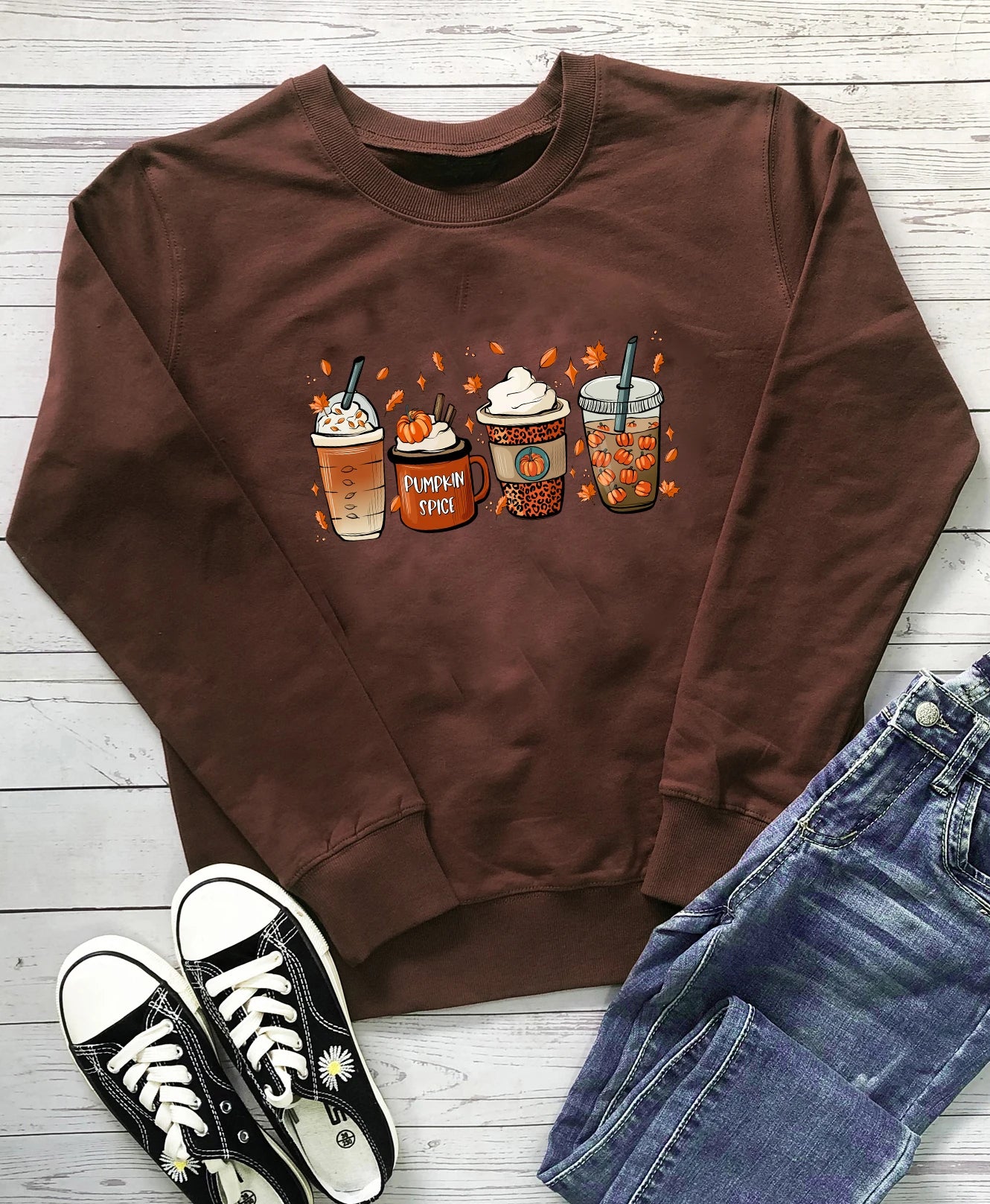 PUMPKIN SPICE Colored Sweatshirt Fall coffee Sweats halloween pullovers Women fashion casual 100%cotton vintage top