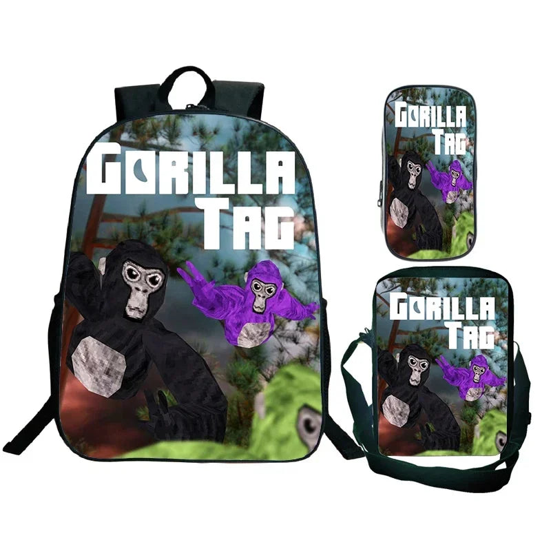 Gorilla Tag Backpack 3pc Set | Boys Cartoon School Bag with Shoulder Bag & Pencil Case