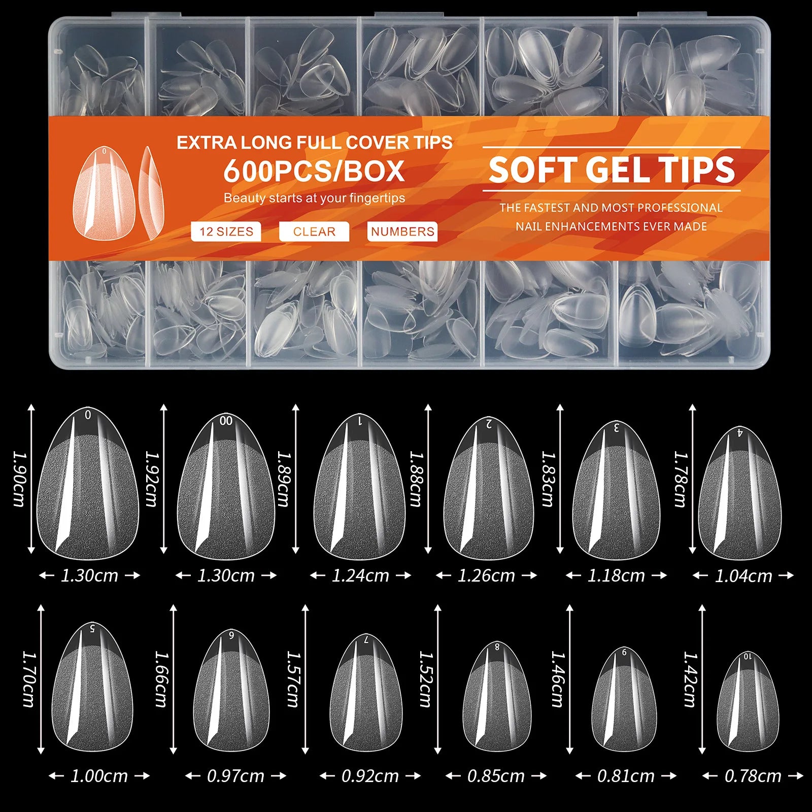 Clear Almond Press-On Nail Tips — Short Soft Gel Full Cover Set