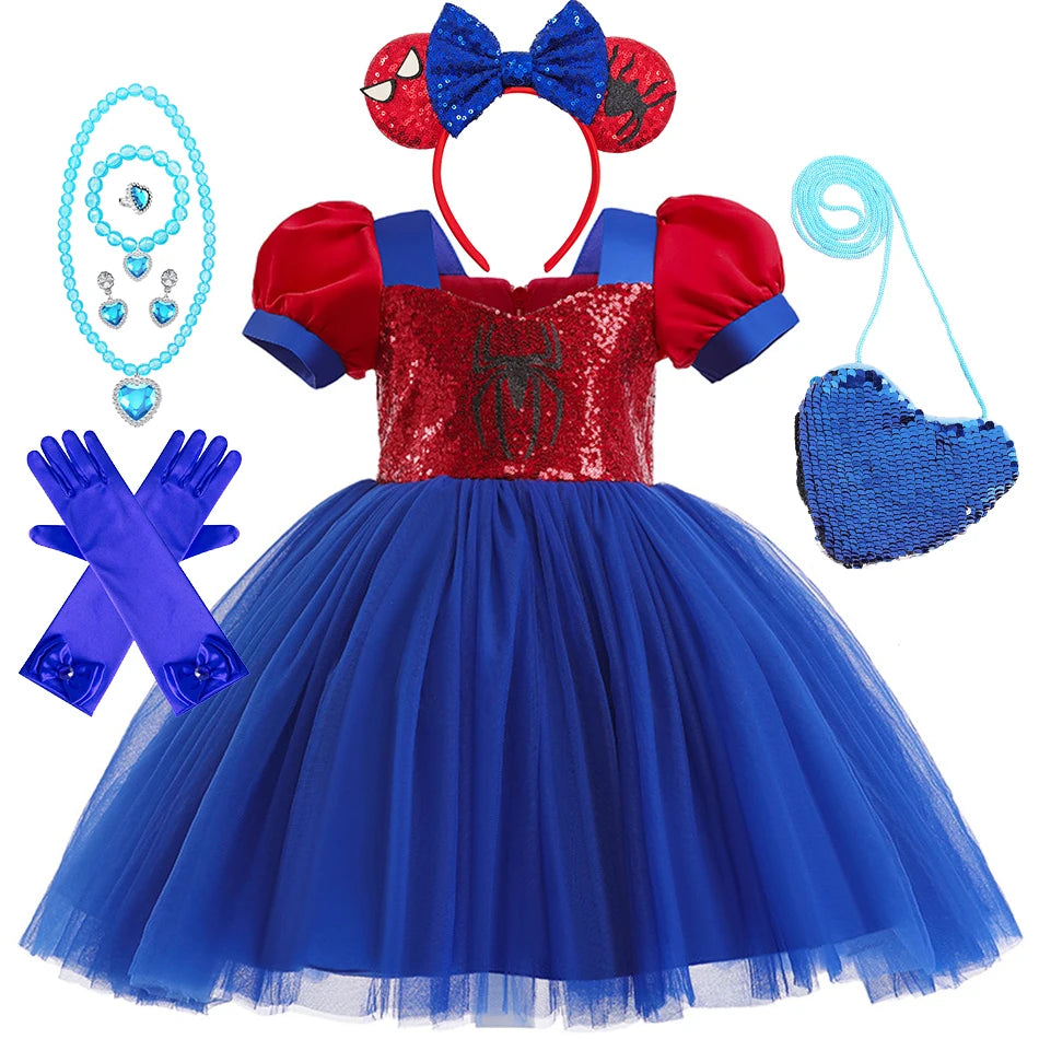 Little Girls Spider Print Dress Kids Sequins Tulle Frocks Children Halloween Theme Party Costume Summer Birthday Surprise Gift