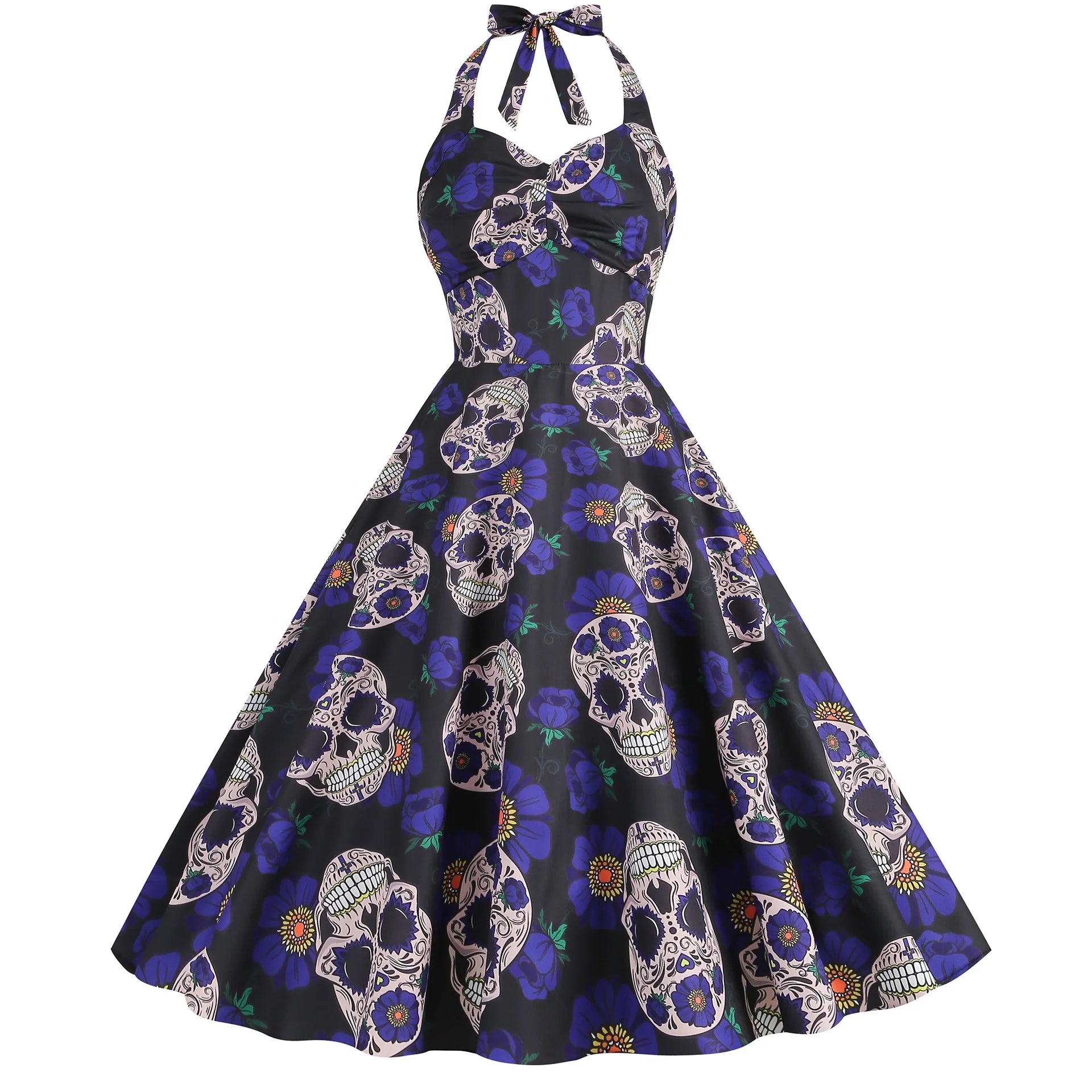Halloween Costumes for Women Skull Print Halter Dress Sleeveless Tunic Vintage Party Dresses Goth Clothes Masquerade Vestidos