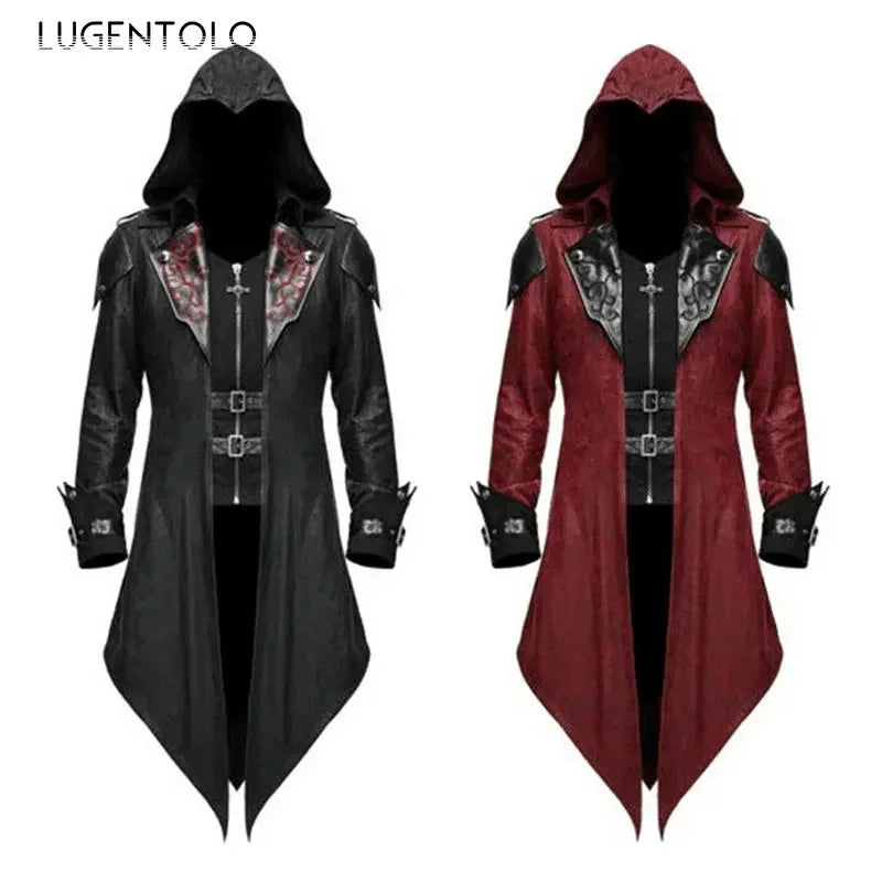 Men Goth Tailcoat Jacket Steampunk Uniform Hoodie Zipper Medieval Halloween Party Vintage Renaissance Costume Cosplay Coat