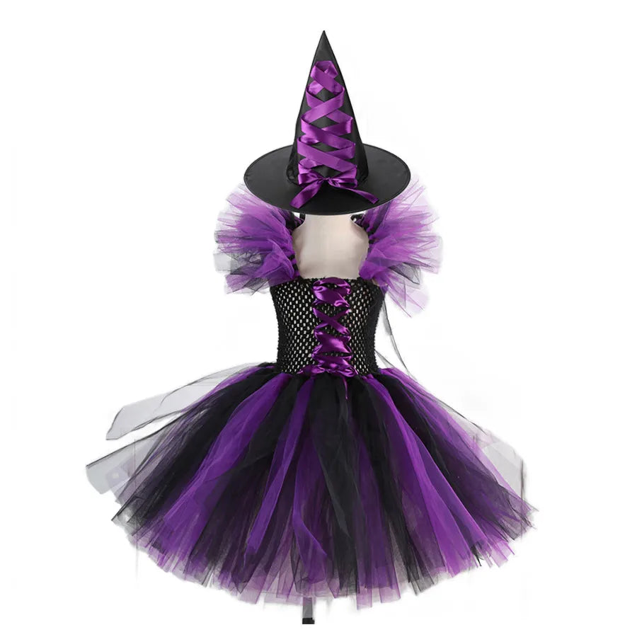 2 Pieces Witch Tutu Dress with Hat Girls All Saint's Day Bruja Wizard Costume Role Play Toddler Halloween Party Fairy Witch Gown