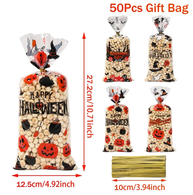 50Pcs Pumpkin Halloween Candy Bag Happy Halloween Party Decorations Kid Favors Gift Trick or Treat Candy Cookie Spider Ghost Bag