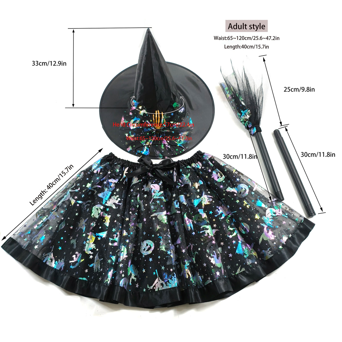 Halloween Adults Witch Costume Set Tulle Skirt Hat and Broom Complete Your Witch Look a Black Witch Hat and a Spooky Broom