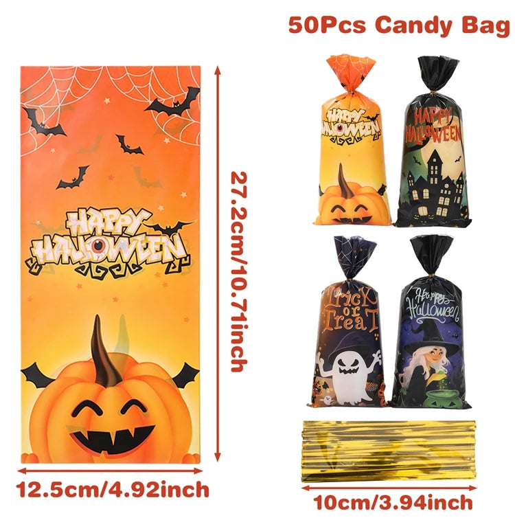 50Pcs Pumpkin Halloween Candy Bag Happy Halloween Party Decorations Kid Favors Gift Trick or Treat Candy Cookie Spider Ghost Bag