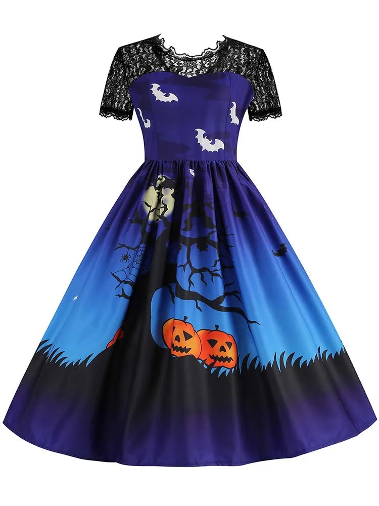 Women's Vintage Lace Halloween Dress Short Sleeve Elegant Evening Prom Costume 50s 60s Party Vintage Style