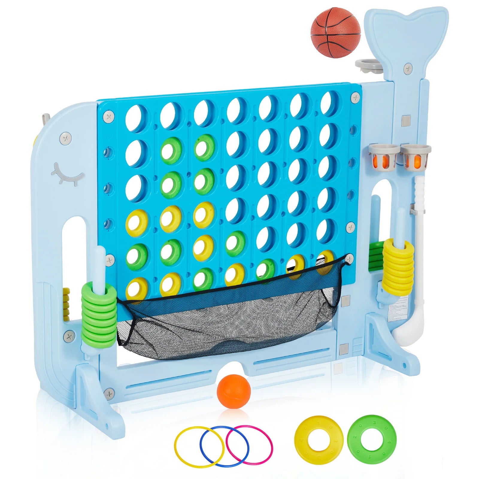 4-in-1 Giant Outdoor Game Set | Connect, Basketball, Ring Toss & Net