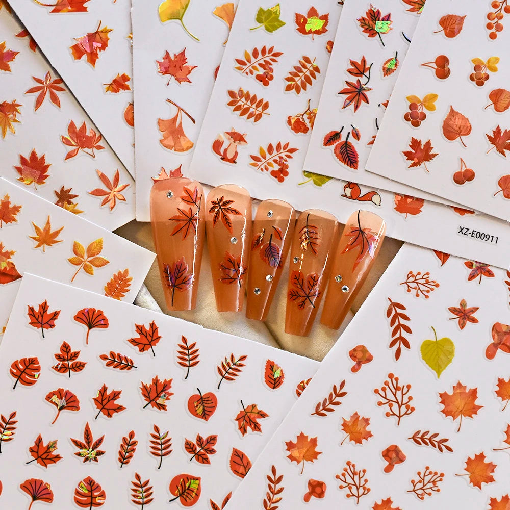 6/12Pcs 3D Halloween Maple Leaf Pumpkin Nail Stickers Ginkgo Leaves Fox Adhesive Decals Thanksgiving Autumn Manicure Decorations