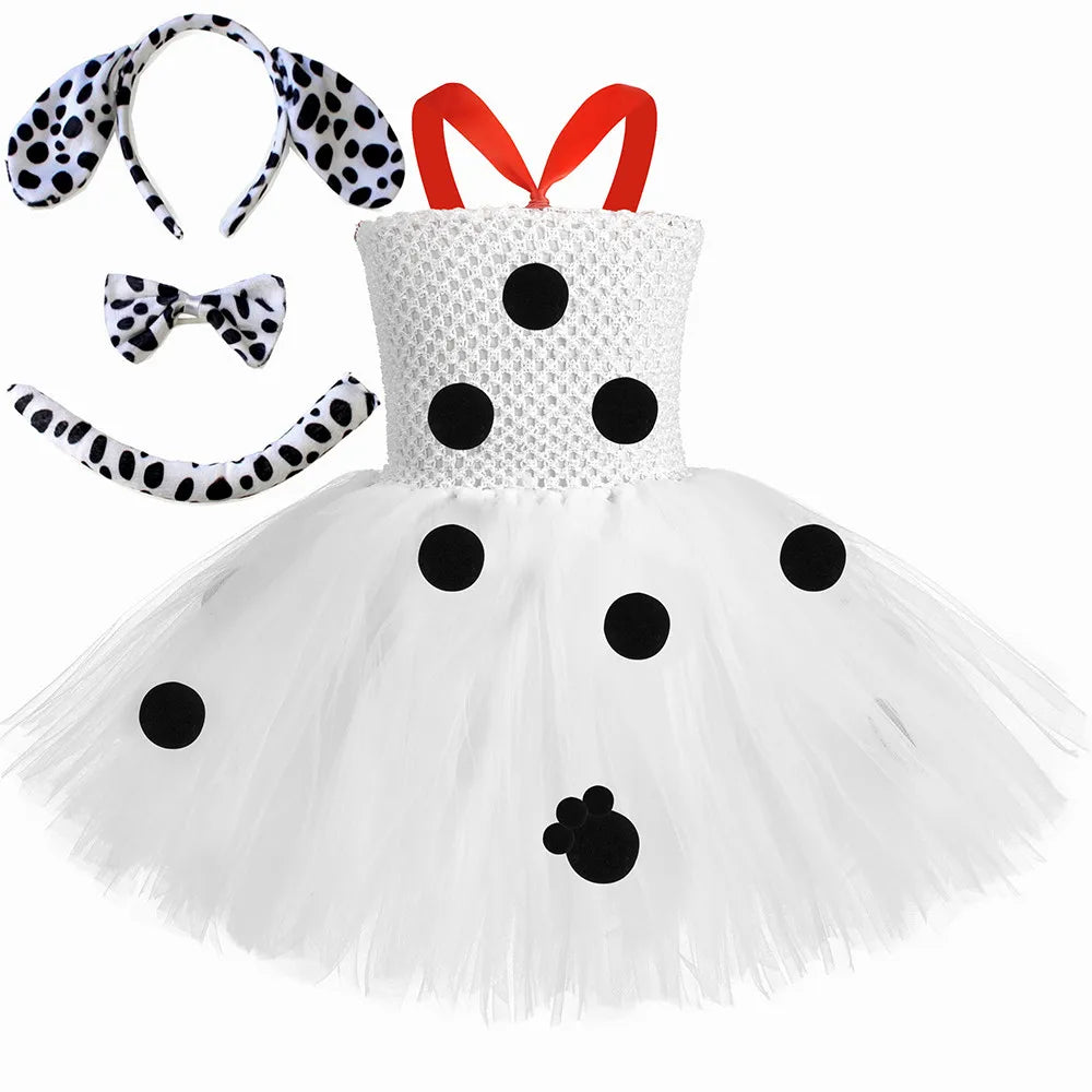 Toddler Girls Dalmatian Dog Costume Polka Dot Spotted Puppy Tutu Dress 101 Dalmatians Costume for Kids Halloween Party Dress Up