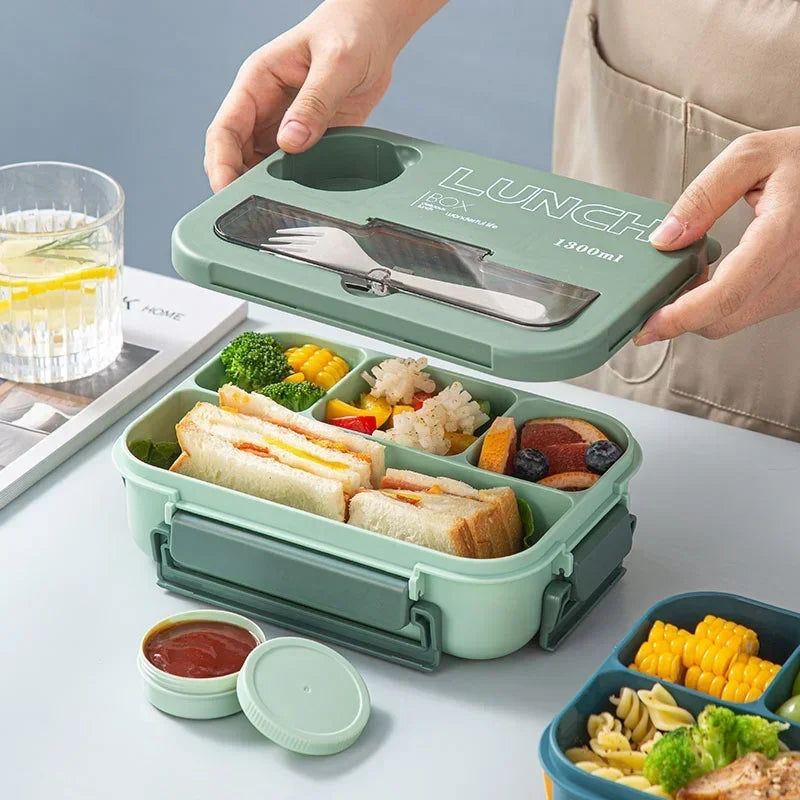 1300ML Bento Lunch Box with Fork & Spoon | Leak-Proof 4-Compartment