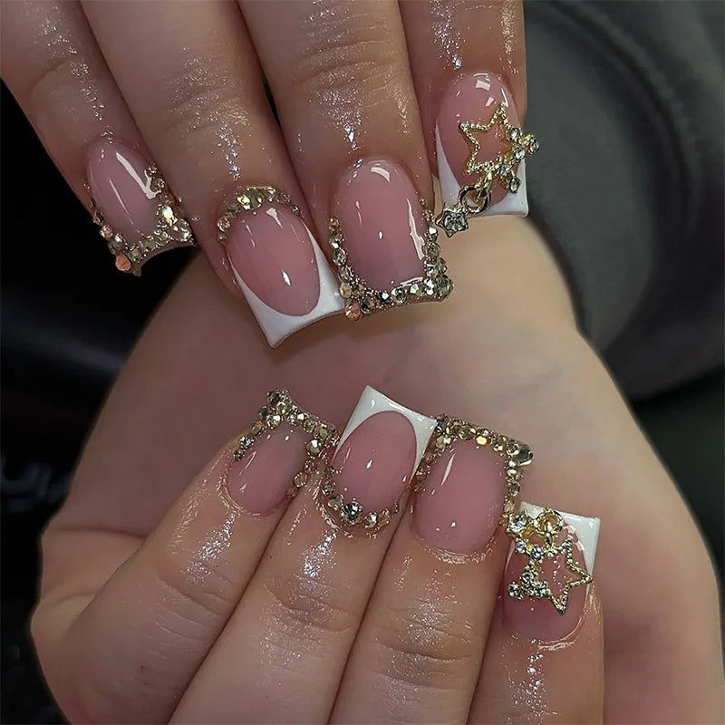Star Chain Rhinestone Press-On Nails — French Square Tips (24pc Set)