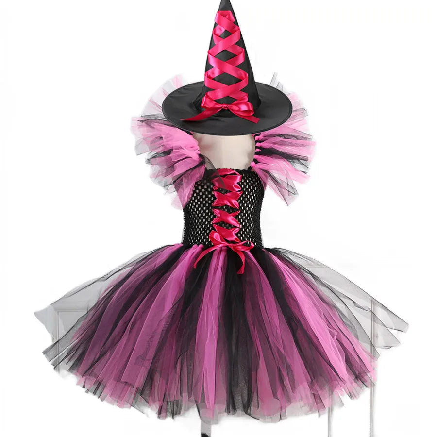 2 Pieces Witch Tutu Dress with Hat Girls All Saint's Day Bruja Wizard Costume Role Play Toddler Halloween Party Fairy Witch Gown