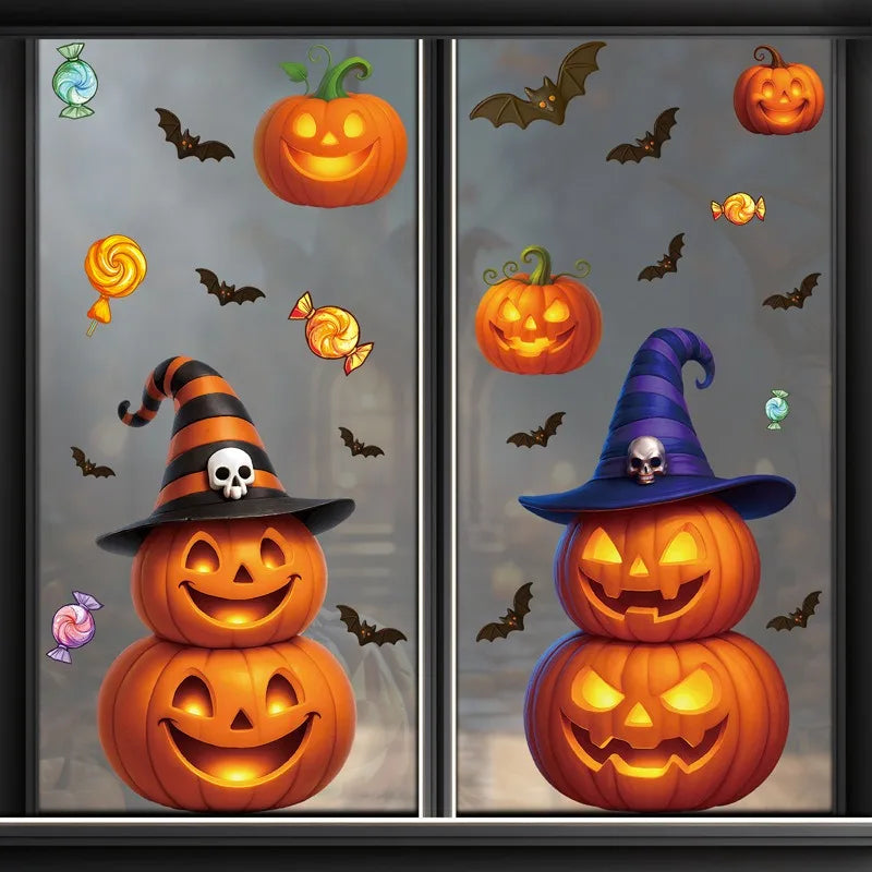 Halloween Window Glass Stickers Cartoon Pumpkin Lantern Candy Bat Skull Witch Hat Static Sticker Happy Halloween Day Party Decor