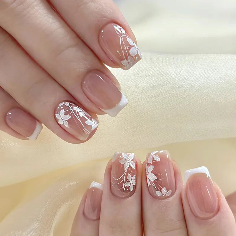 Star Chain Rhinestone Press-On Nails — French Square Tips (24pc Set)