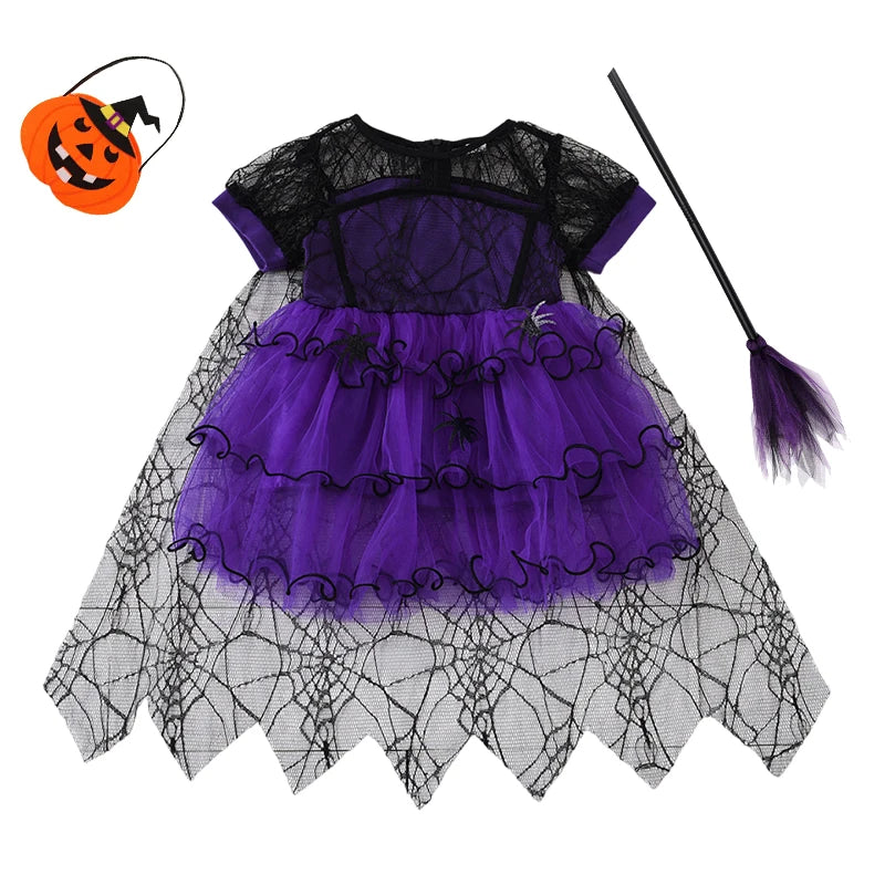 2-7Y Halloween Witch Cosplay Party Dress Cute Spider Mesh Cape Clothes Halloween Costumes for Baby Carnival Party Gifts