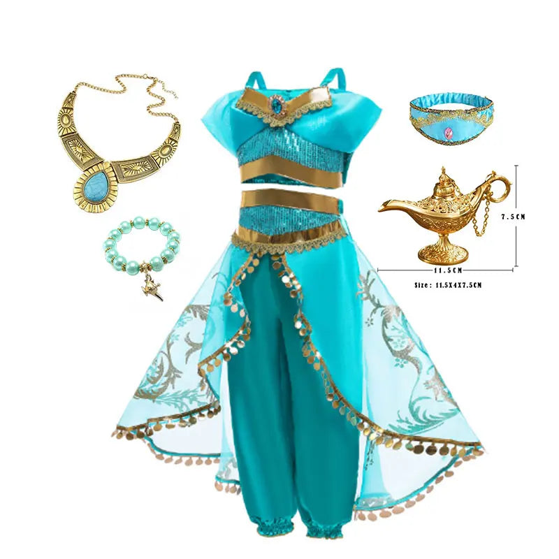 Halloween Arabian Style Princess Costume Kids Jasmine Cosplay Girls Magic Lamp Story Role Play Performance Apparel Dress Set