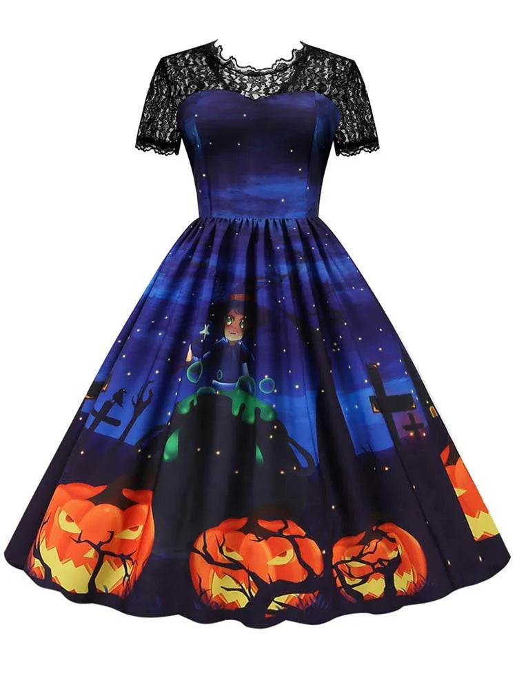 Women's Vintage Lace Halloween Dress Short Sleeve Elegant Evening Prom Costume 50s 60s Party Vintage Style