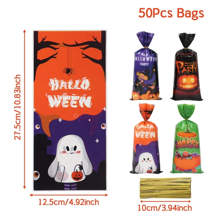 50Pcs Pumpkin Halloween Candy Bag Happy Halloween Party Decorations Kid Favors Gift Trick or Treat Candy Cookie Spider Ghost Bag