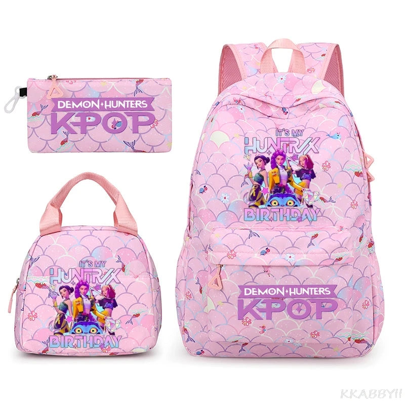 Fashion KPop Demon Hunters Backpacks 3pcs Rumi Mira Zoey HUNTR/ Boys School Bags For Women Girls Kawaii Capacity Mochilas