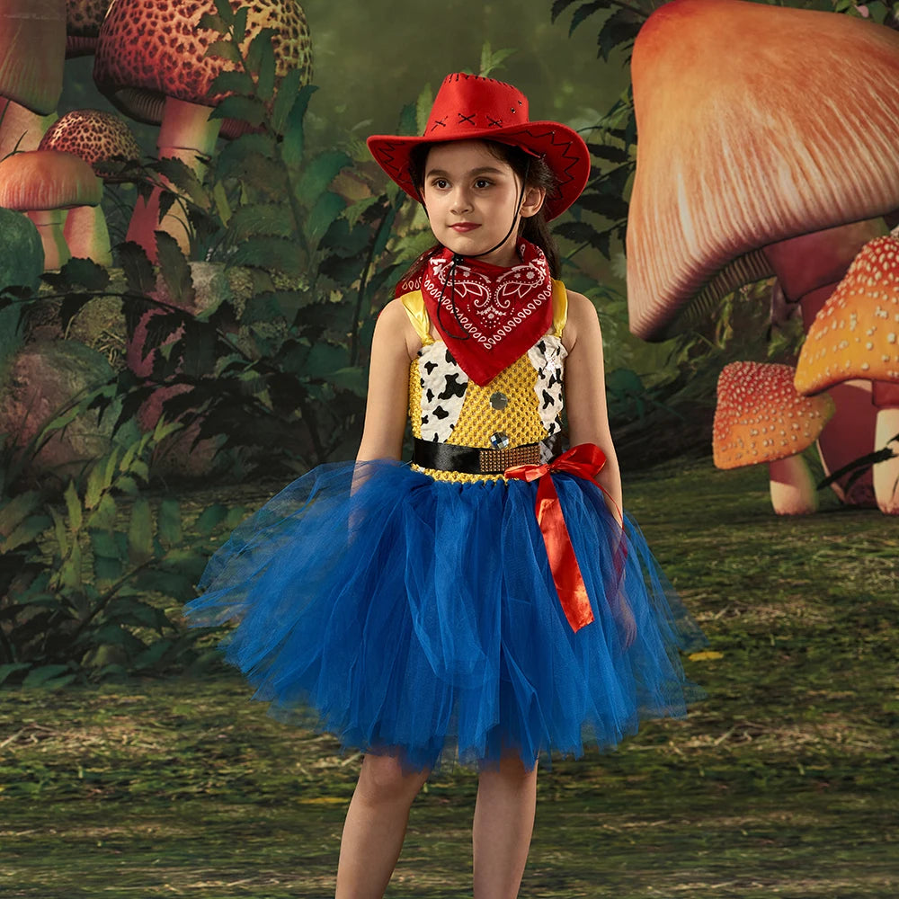 Cow Girl Tutu Dress with Hat Jessie Woody Inspired Kids Halloween Cosplay Costume Baby Carnival Holidays Party Fancy Clothing