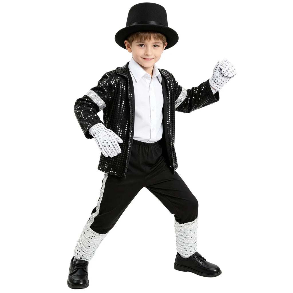 Kids Michael Jackson Costume Boys Superstar Singer Outfit Halloween Carnival Stage Performance Dance Cosplay Party Costume