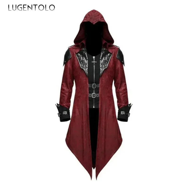 Men Goth Tailcoat Jacket Steampunk Uniform Hoodie Zipper Medieval Halloween Party Vintage Renaissance Costume Cosplay Coat