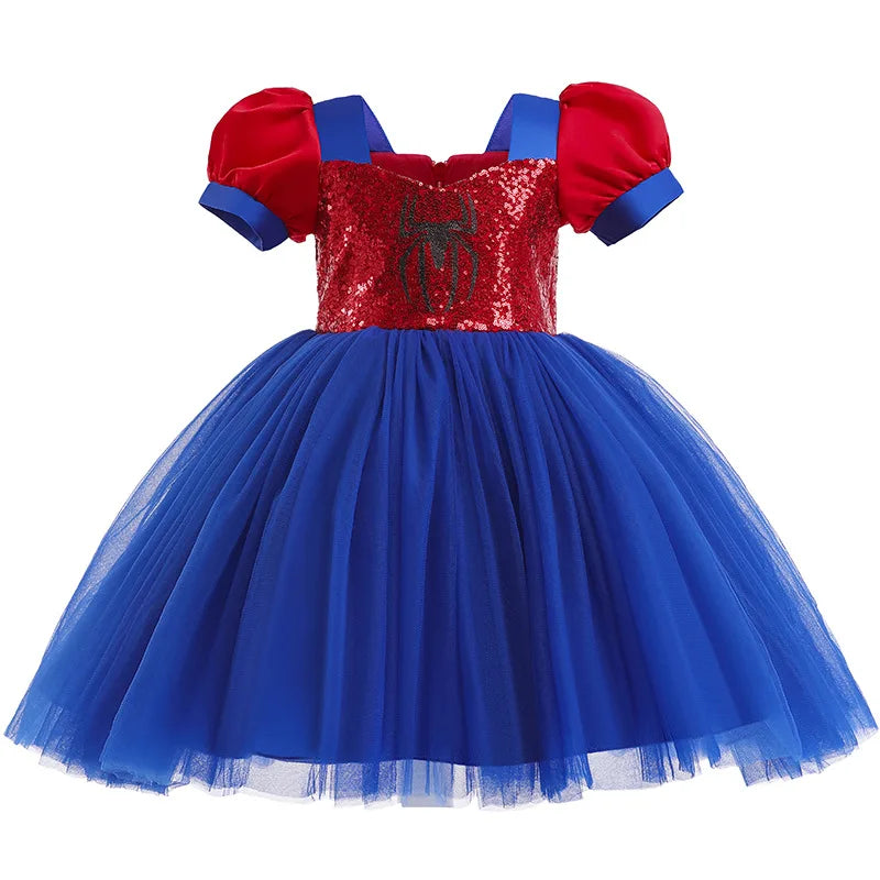Little Girls Spider Print Dress Kids Sequins Tulle Frocks Children Halloween Theme Party Costume Summer Birthday Surprise Gift