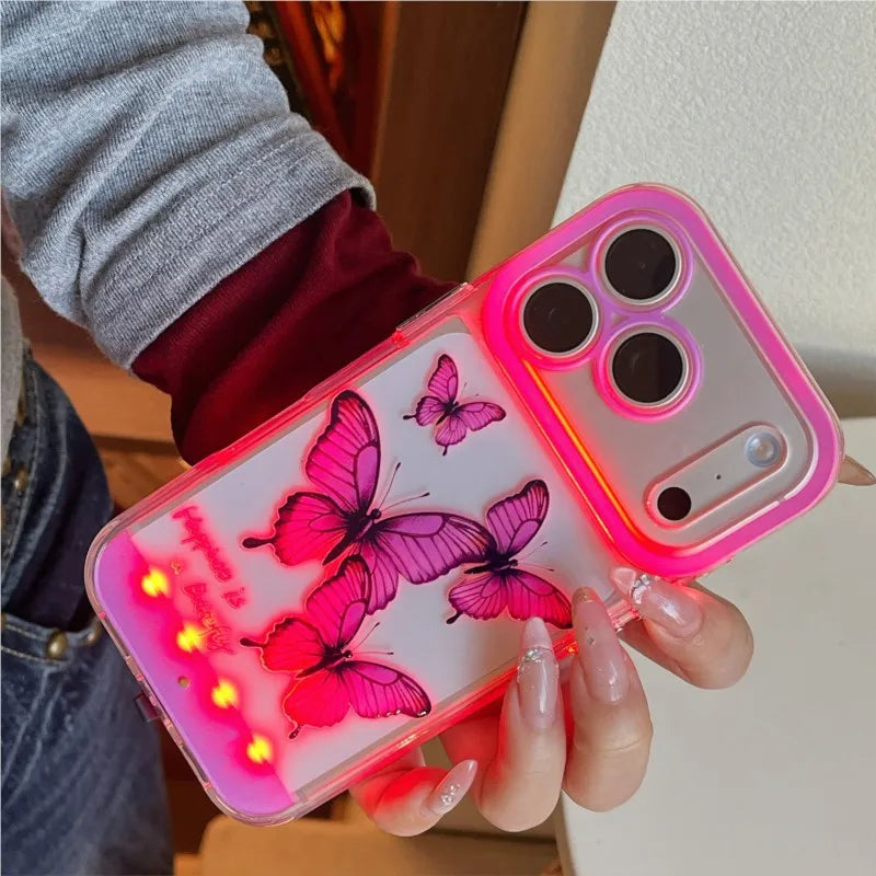 Change Color Luminous Call Light Up Purple Butterfly Pattern Phone Case For iPhone 16 15 13 12 11 14 17 Pro Max Plus Air X XSMax